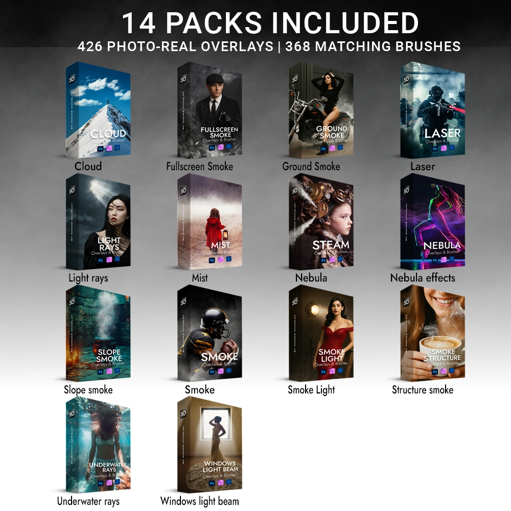 Atmospheric Effects Bundle (Overlays & Brushes All-in-One) — Gói Atmospheric Smoke Lớp Phủ Khói Sương Mù và Các Hiệu Ứng Đặc Biệt Khác (abr, atn, jpg) L106Z41 2 14 Packs included all 1000x1000 1